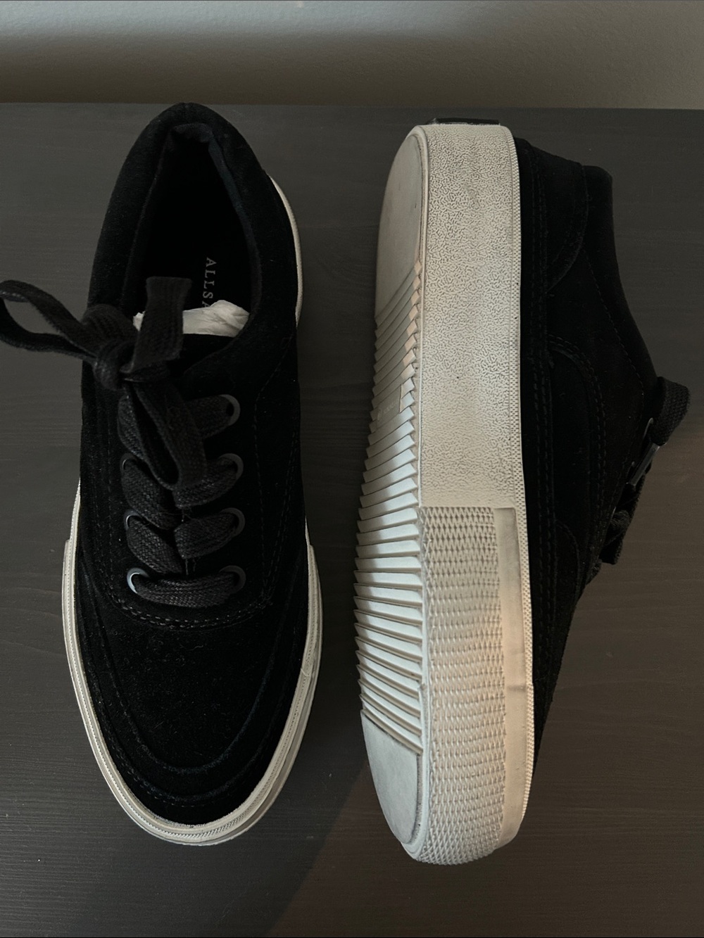AllSaints Black Suede Sneakers with White Soles - Picture 2 of 3